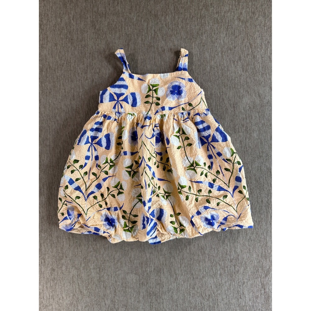 Kids Floral Seersucker Bubble Sun Dress Peach Blue Pansy Print Square Neck